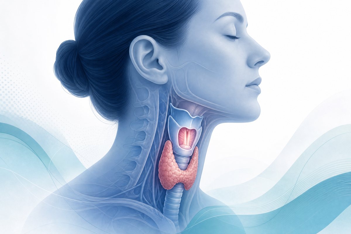 Illustration of the thyroid gland and vocal cords