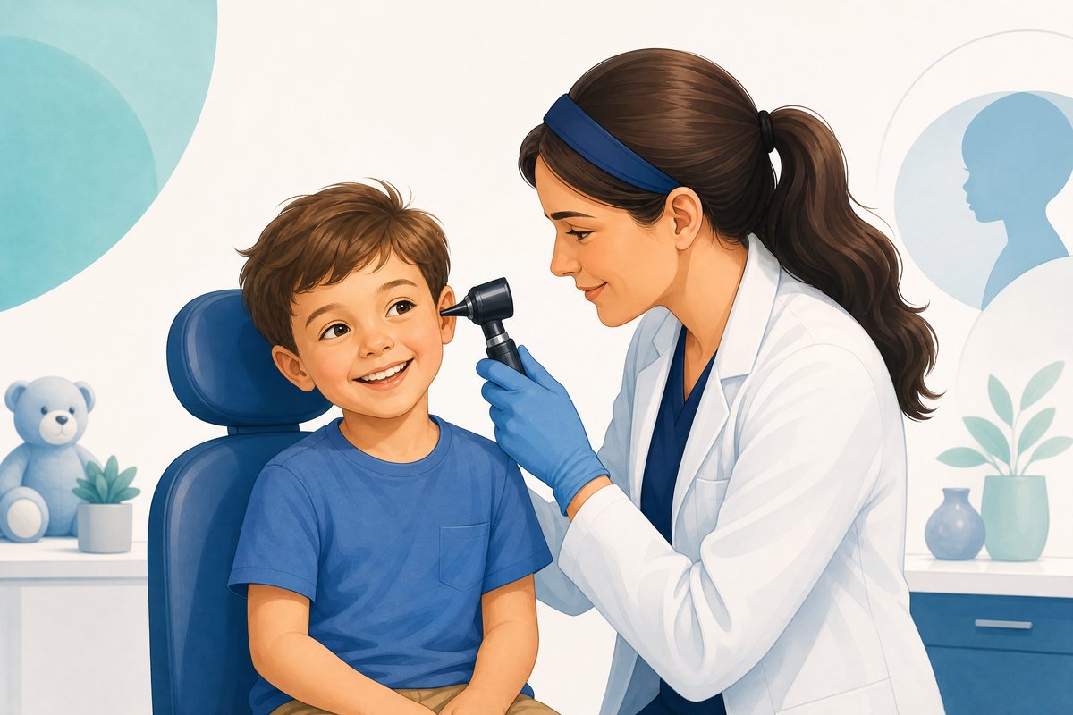 Illustration of a paediatric ENT specialist examining a child’s ear